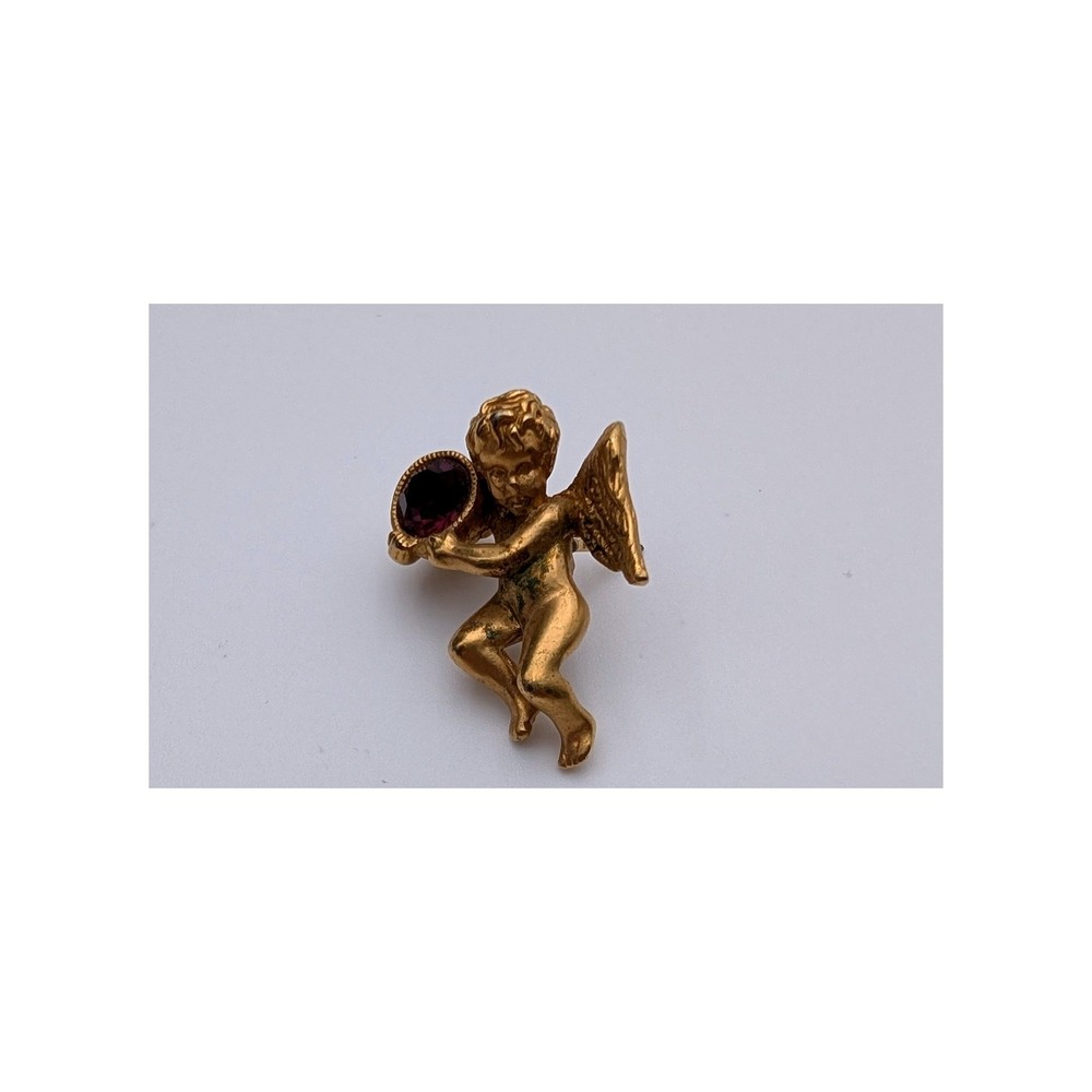 Avon Gold Tone Cherub Angel Pin Purple Rhinestone Vintage Figural Brooch